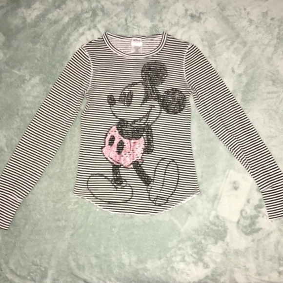 Disney Micky Mouse Top Waffle Knit Black White Striped Girls Size Medium Shirt - Picture 5 of 6
